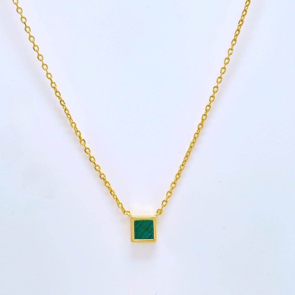 Malachite Square Pendant Necklace 18K Gold S925 - Picture 3 of 9